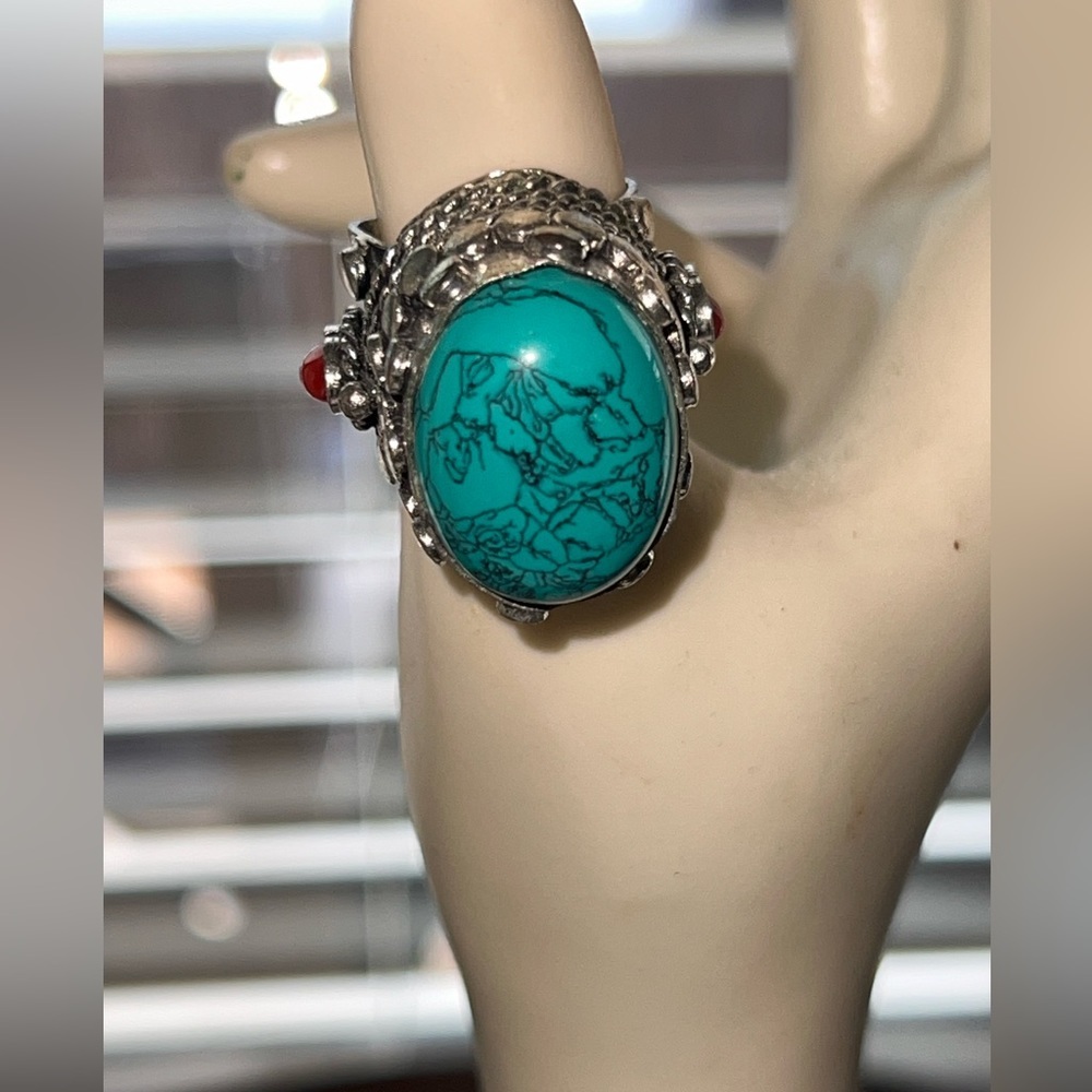 Turquoise Cabochon Silver-Tone Ring with Red Accent - Women's Jewelry